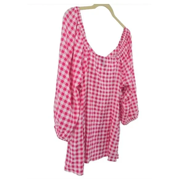 New Torrid Fit & Flare Button Up 3/4 Sleeve Pink Gingham Top Size 2X - Picture 7 of 11